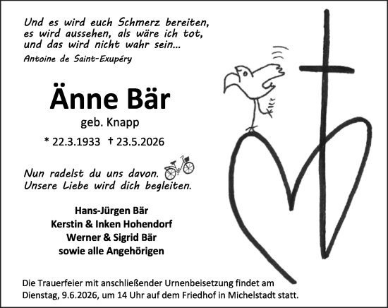 Traueranzeige von Änne Bär von Odenwälder Echo