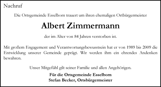 Traueranzeige von Albert Zimmermann von Allgemeine Zeitung Alzey