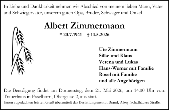 Traueranzeige von Albert Zimmermann von Allgemeine Zeitung Alzey