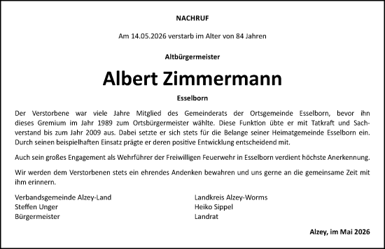 Traueranzeige von Albert Zimmermann von Allgemeine Zeitung Alzey