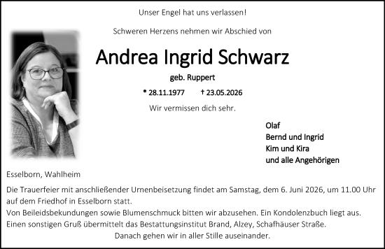 Traueranzeige von Andrea Ingrid Schwarz von Allgemeine Zeitung Alzey