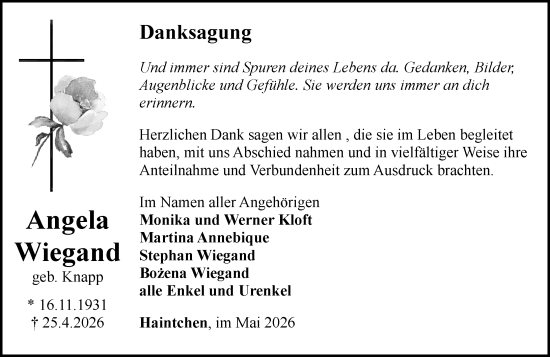 Traueranzeige von Angela Wiegand von Camberger Anzeiger