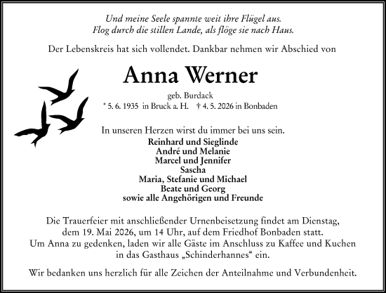Traueranzeige von Anna Werner von Wetzlarer Neue Zeitung
