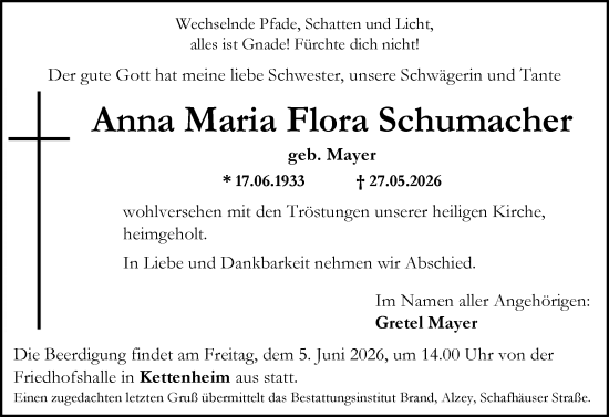 Traueranzeige von Anna Maria Flora Schumacher von Allgemeine Zeitung Alzey