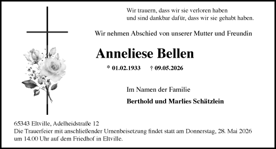 Traueranzeige von Anneliese Bellen von Rheingau Kurier
