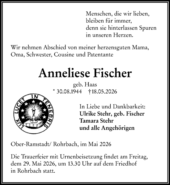 Traueranzeige von Anneliese Fischer von Darmstädter Echo