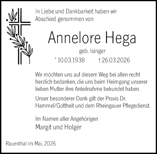Traueranzeige von Annelore Hega von Rheingau Kurier