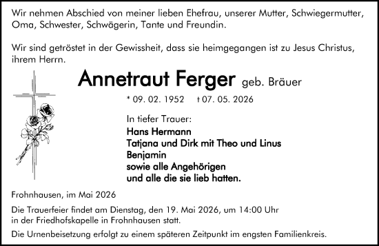 Traueranzeige von Annetraut Ferger von Dill Block