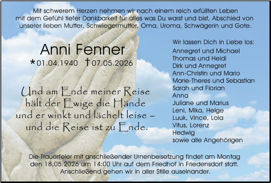 Traueranzeige von Anni Fenner von Hinterländer Anzeiger
