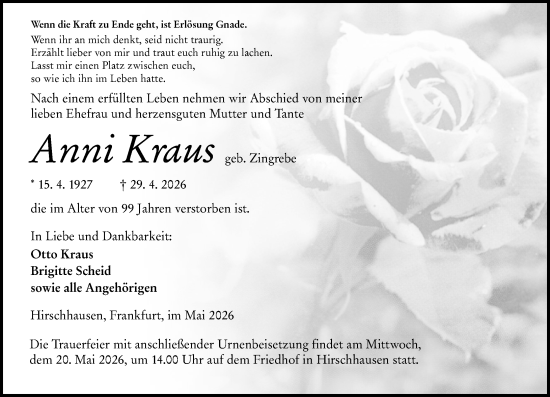 Traueranzeige von Anni Kraus von Weilburger Tageblatt