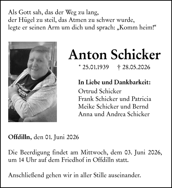 Traueranzeige von Anton Schicker von Dill Block