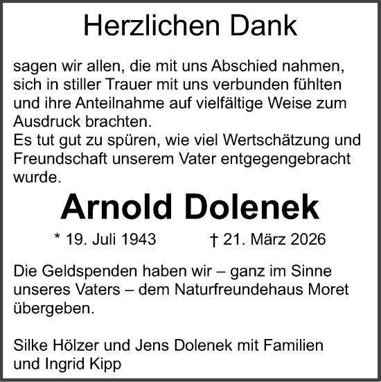 Traueranzeige von Arnold Dolenek von Dieburger Anzeiger/Groß-Zimmerner Lokal-Anzeiger