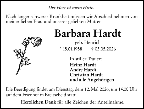 Traueranzeige von Barbara Hardt von Dill Block