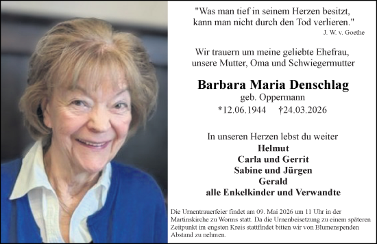 Traueranzeige von Barbara Maria Denschlag von Wormser Zeitung