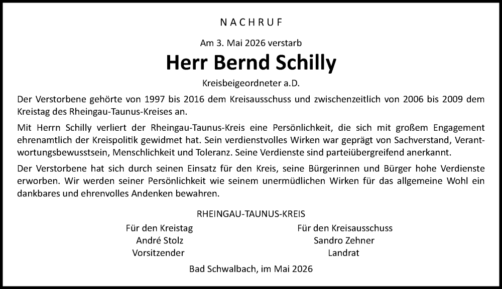  Traueranzeige für Bernd Schilly vom 20.05.2026 aus Idsteiner Land/Untertaunus