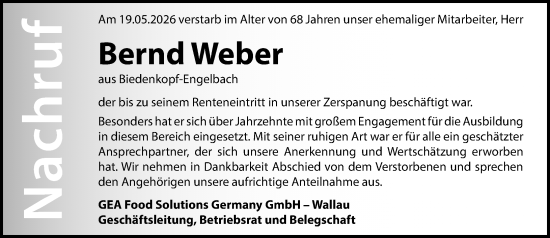 Traueranzeige von Bernd Weber von Hinterländer Anzeiger