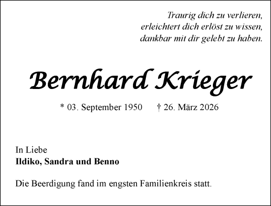 Traueranzeige von Bernhard Krieger von Allgemeine Zeitung Mainz