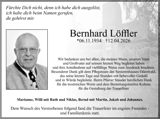 Traueranzeige von Bernhard Löffler von Starkenburger Echo