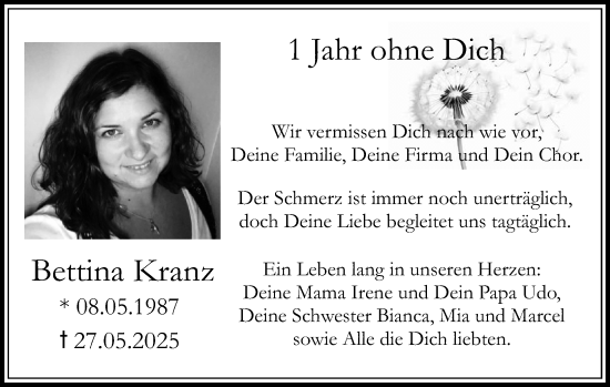 Traueranzeige von Bettina Kranz von Odenwälder Echo