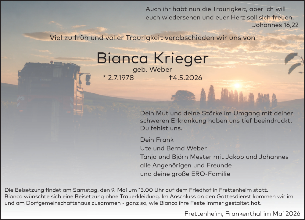  Traueranzeige für Bianca Krieger vom 07.05.2026 aus Allgemeine Zeitung Alzey