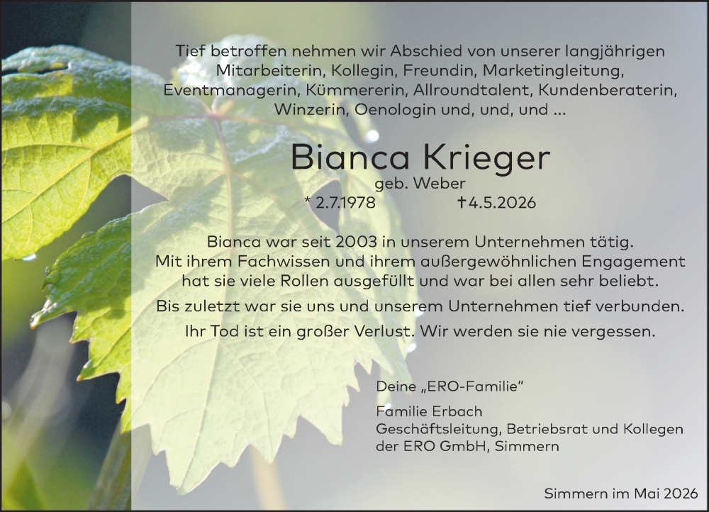  Traueranzeige für Bianca Krieger vom 07.05.2026 aus Allgemeine Zeitung Alzey