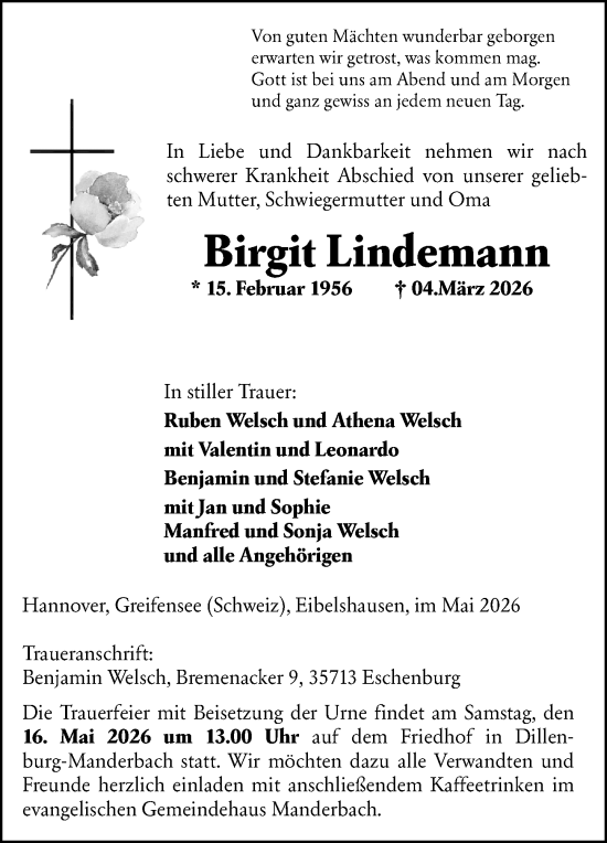 Traueranzeige von Birgit Lindemann von Dill Block
