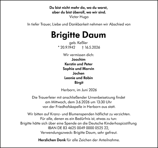 Traueranzeige von Brigitte Daum von Dill Block