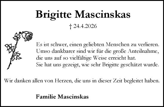 Traueranzeige von Brigitte Mascinskas von Rüsselsheimer Echo