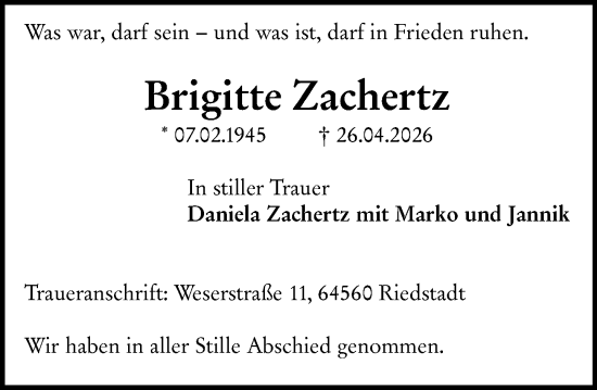 Traueranzeige von Brigitte Zachertz von Darmstädter Echo