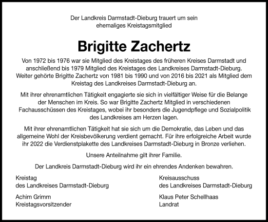 Traueranzeige von Brigitte Zachertz von Darmstädter Echo