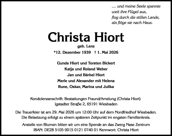 Traueranzeige von Christa Hiort von Wiesbadener Kurier