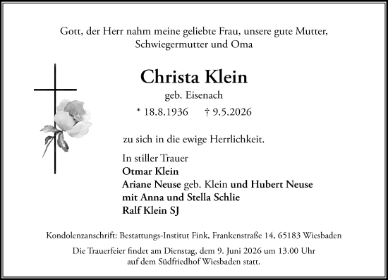 Traueranzeige von Christa Klein von Wiesbadener Kurier