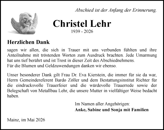 Traueranzeige von Christel Lehr von Allgemeine Zeitung Mainz