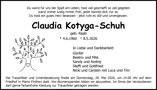 Traueranzeige von Claudia Kotyga-Schuh von Allgemeine Zeitung Mainz