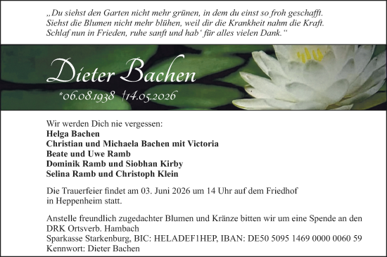 Traueranzeige von Dieter Bachen von Starkenburger Echo