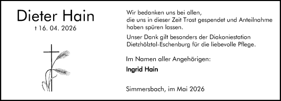 Traueranzeige von Dieter Hain von Dill Block