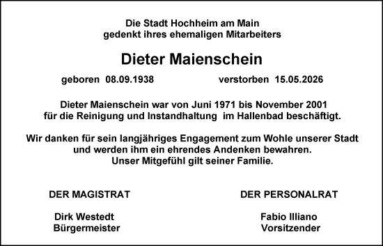 Traueranzeige von Dieter Maienschein von Hochheimer Zeitung