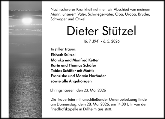Traueranzeige von Dieter Stützel von Wetzlarer Neue Zeitung