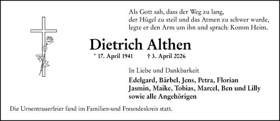 Traueranzeige von Dietrich Althen von Wiesbadener Kurier