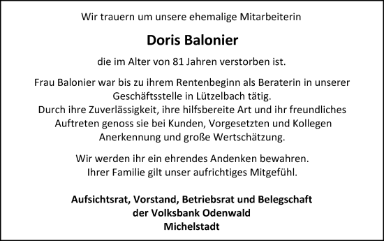 Traueranzeige von Doris Balonier von Odenwälder Echo