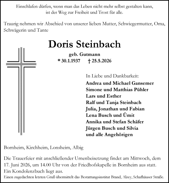 Traueranzeige von Doris Steinbach von Allgemeine Zeitung Alzey