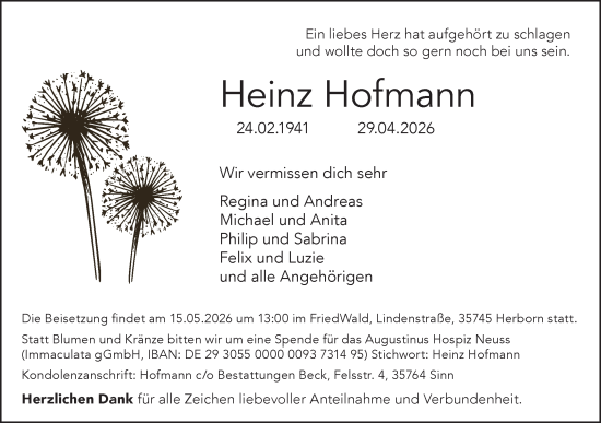 Traueranzeige von Heinz Hofmann von Dill Block