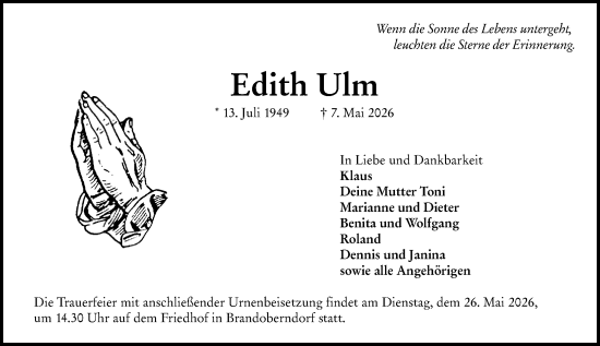 Traueranzeige von Edith Ulm von Wetzlarer Neue Zeitung