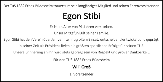 Traueranzeige von Egon Stibi von Allgemeine Zeitung Alzey