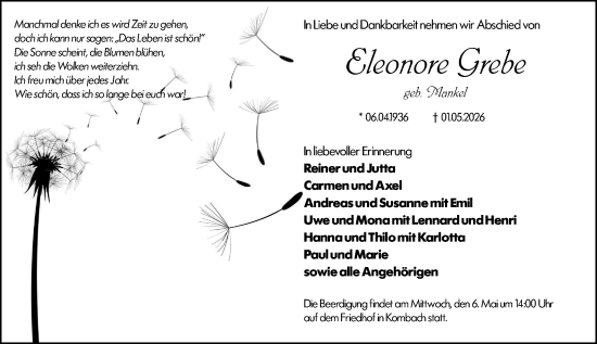 Traueranzeige von Eleonore Grebe von Hinterländer Anzeiger