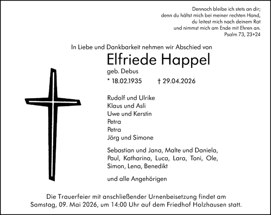 Traueranzeige von Elfriede Happel von Hinterländer Anzeiger