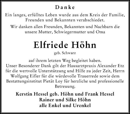Traueranzeige von Elfriede Höhn von Wiesbadener Kurier