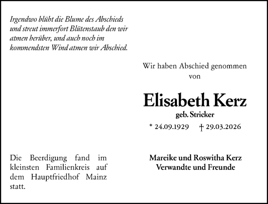 Traueranzeige von Elisabeth Kerz von Allgemeine Zeitung Mainz