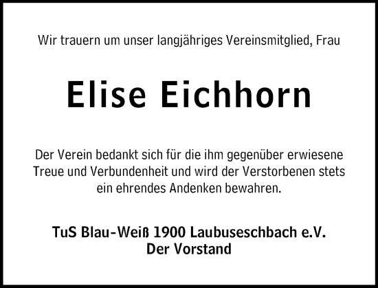 Traueranzeige von Elise Eichhorn von Weilburger Tageblatt