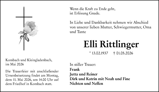 Traueranzeige von Elli Rittlinger von Hinterländer Anzeiger